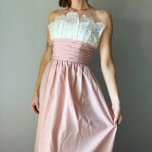 Vintage 1970's Pink Strapless Eyelet Ruffle Strapless Maxi Dress